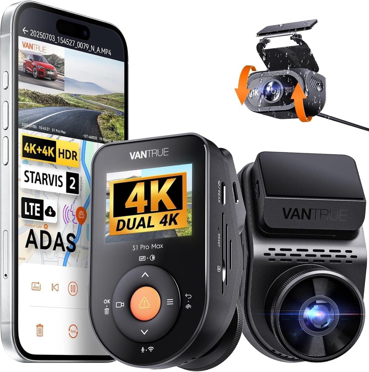 Dashcam voor auto - Zwart - Dubbele 4K camera met GPS, WiFi en Nachtzicht - Voor Vooraan en Achteraan — afbeelding 1