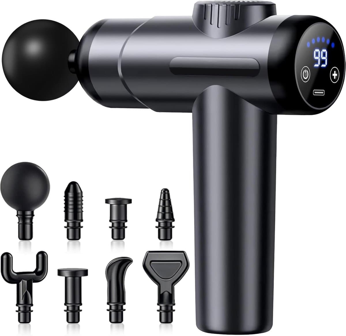 Nekmassageapparaat - Grijs - 16 x 19 x 4,8 cm - Elektrisch Massagepistool met 8 Verwisselbare Koppen - Voor Spierontspanning — afbeelding 1