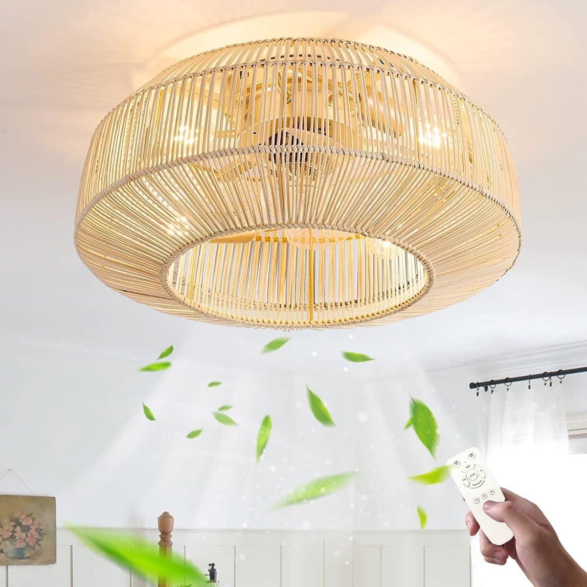 Plafondventilator met verlichting stil retro design afstandsbediening 6 snelheden bamboe rotan 48 cm E27 lamp — afbeelding 1