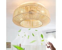 Plafondventilator met verlichting stil retro design afstandsbediening 6 snelheden bamboe rotan 48 cm E27 lamp
