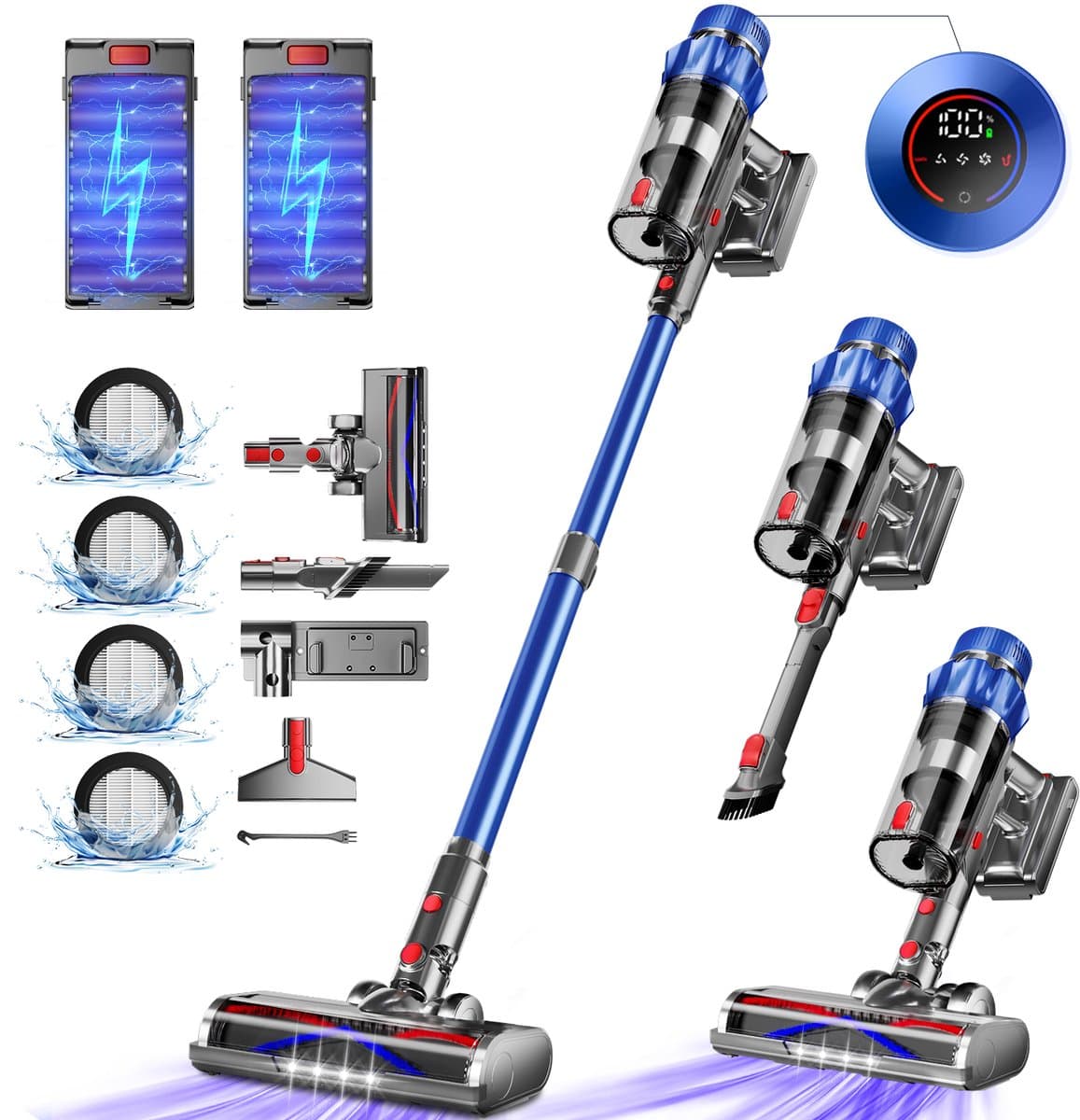 Elekiatech Steelstofzuiger - Steelstofzuiger Draadloos - Met 2 Accu’s - 70000Pa - 3 Standen Zuigkracht - LED-Display - 2200 mAh Accu - 20–70 Min Werktijd - 1,8L - Met Meubelborstel - Voor Tapijt, Harde Vloeren en Dierenharen - Blauw — afbeelding 1