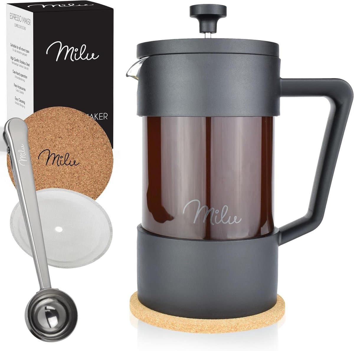 Milu French Press Koffiemaker | 350ml, 600ml, 1L | Glazen Cafetière, koffie Pers voor Thuis, Reizen en Kamperen – Inclusief Onderzetter, Lepel en Vervangingsfilter - Franse Pers Koffiezetapparaat (350 ml) — afbeelding 1