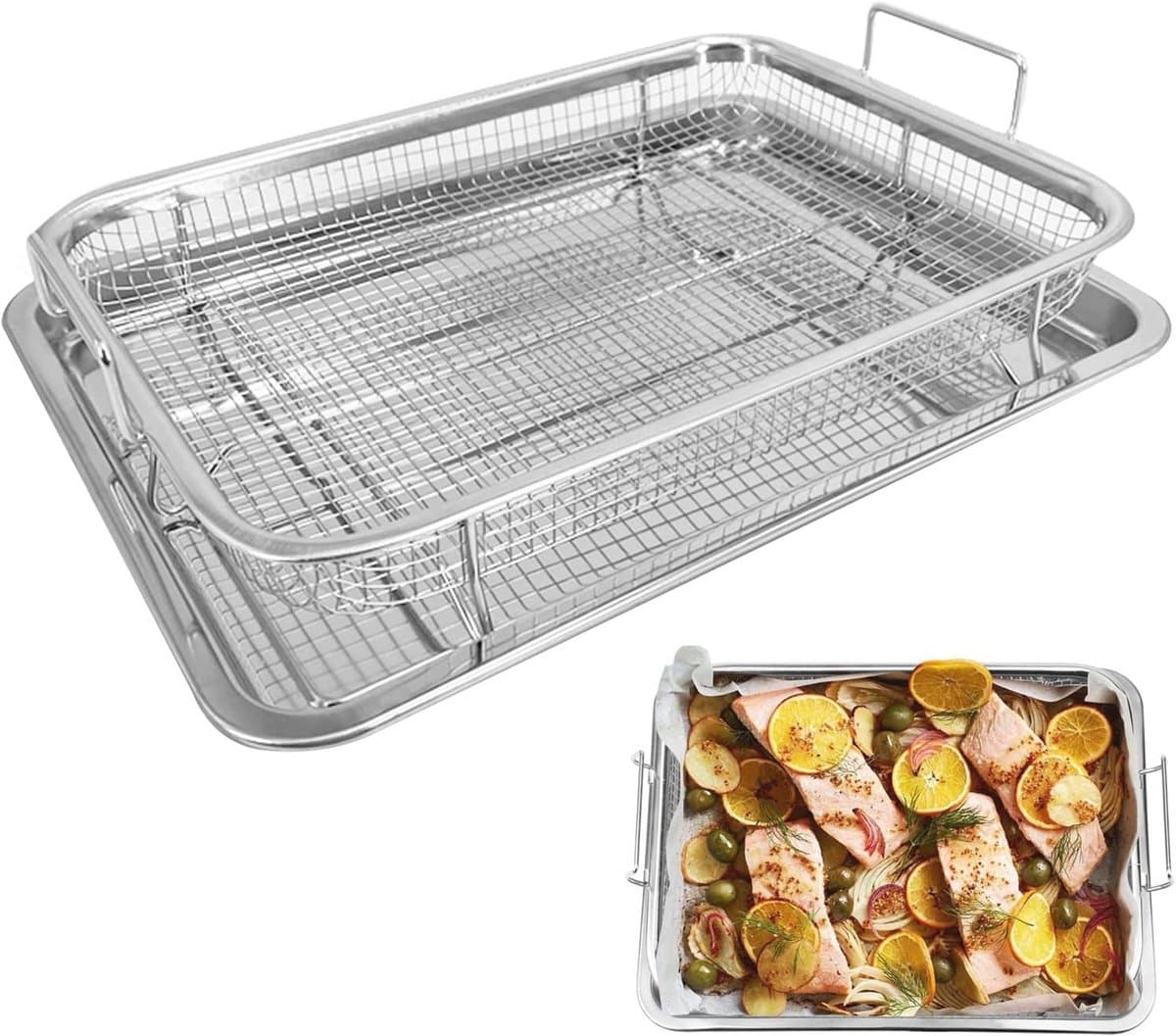 Set van 2 roestvrijstalen bakplaten en taartroosters voor oven en Air Fryer - Perfect voor knapperige gerechten — afbeelding 1