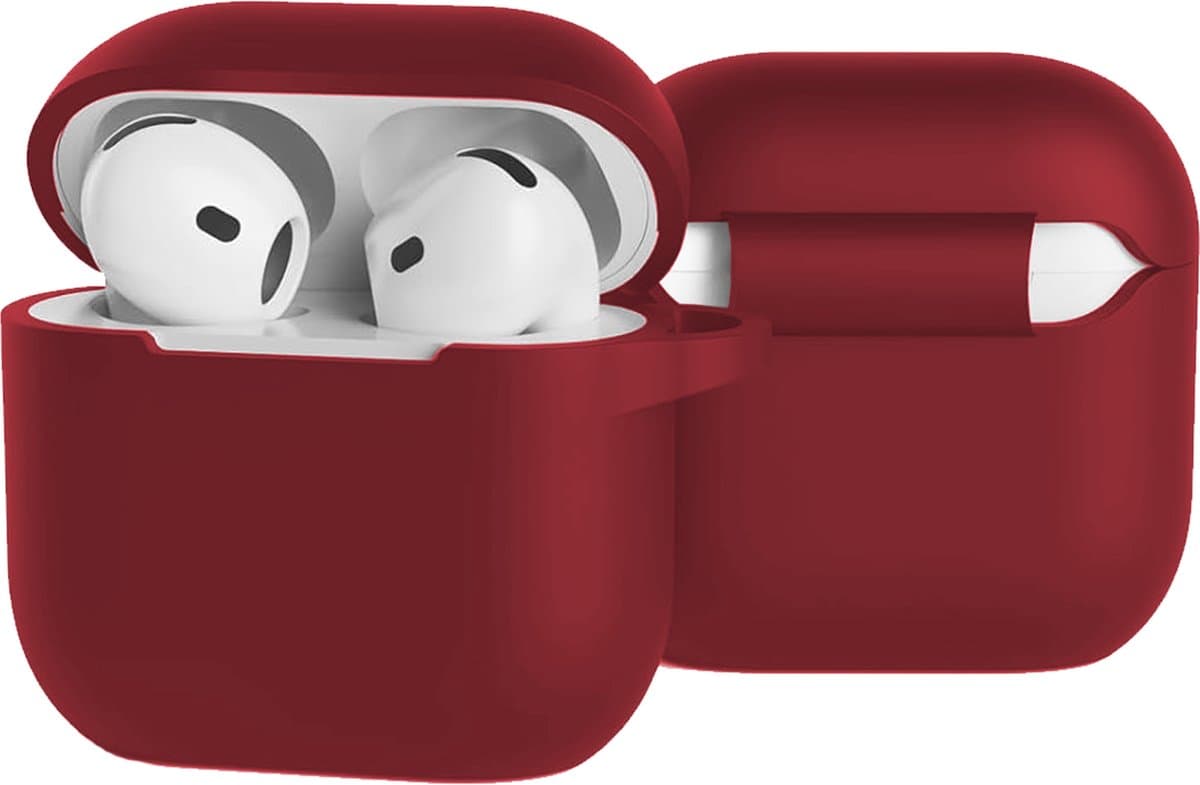 Case - Geschikt voor Apple AirPods 4 - Siliconen Hoes met Clip - Silicone Hoesje Cover - Donkerrood — afbeelding 1