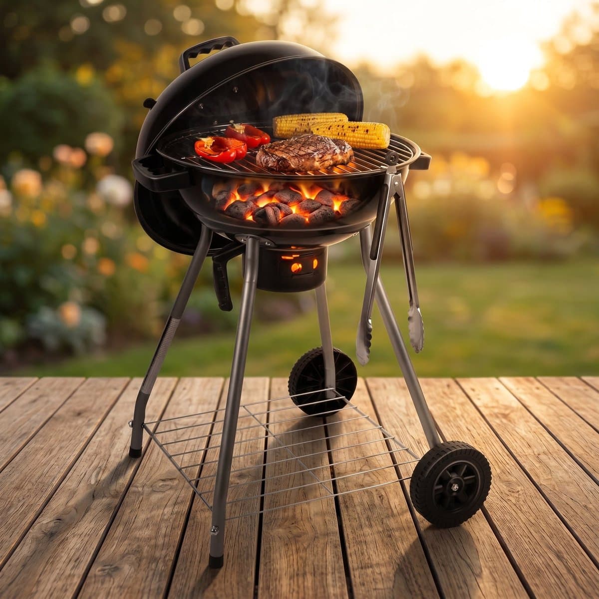 Lomera Kogelbarbecue - Houtskoolbarbecue - BBQ met Deksel en Asopvangbak - Barbecue met Wielen en Ventilatiesysteem - Houtskool Kogelgrill voor Tuin - Grote Ronde Tuinbarbecue - Grillrooster - Houtskoolbbq - Grill — afbeelding 1