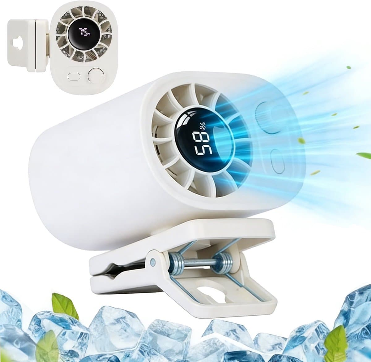 Draagbare, stille clipventilator, autoventilator, met led-display, 360 graden draaibaar, snelladen, compact en lichtgewicht, geschikt voor reizen, fitness en andere gelegenheden (wit). — afbeelding 1