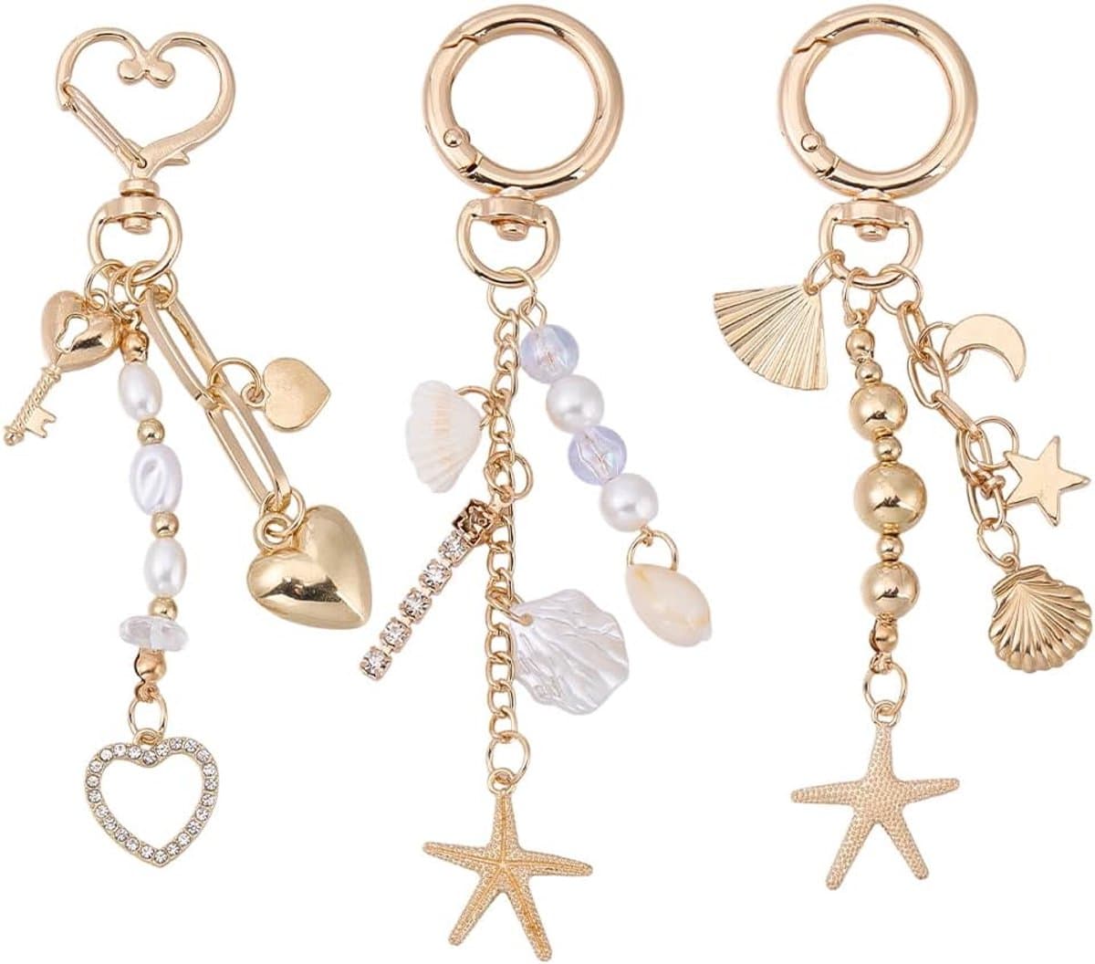 3 Stks Gouden Strandtas Sleutelhanger Leuke Zeester Parel Zeeschelp Portemonnee Charms Parel Kralen Sleutelhanger Charms voor Rugzakken Portefeuilles Lunch Dozen Zomer Reizen Geschenken voor — afbeelding 1