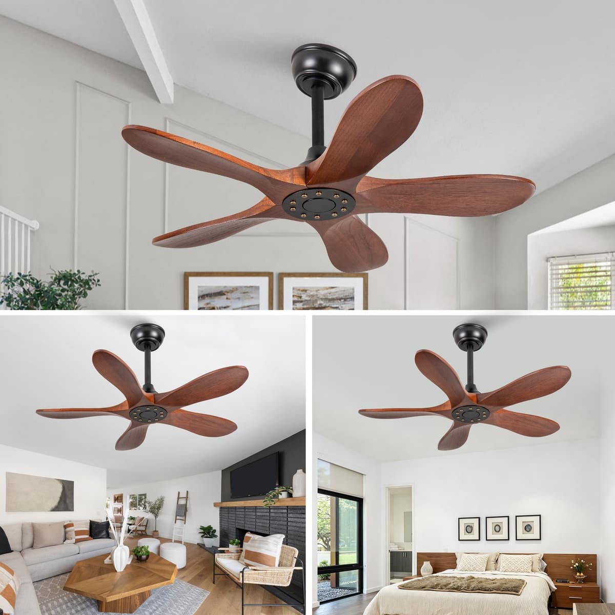 Plafondventilator Stil – 90 cm – 5 Houten Bladen – Walnoot/Zwart – 6 Snelheden – Omkeerbaar – Afstandsbediening – Timer — afbeelding 1
