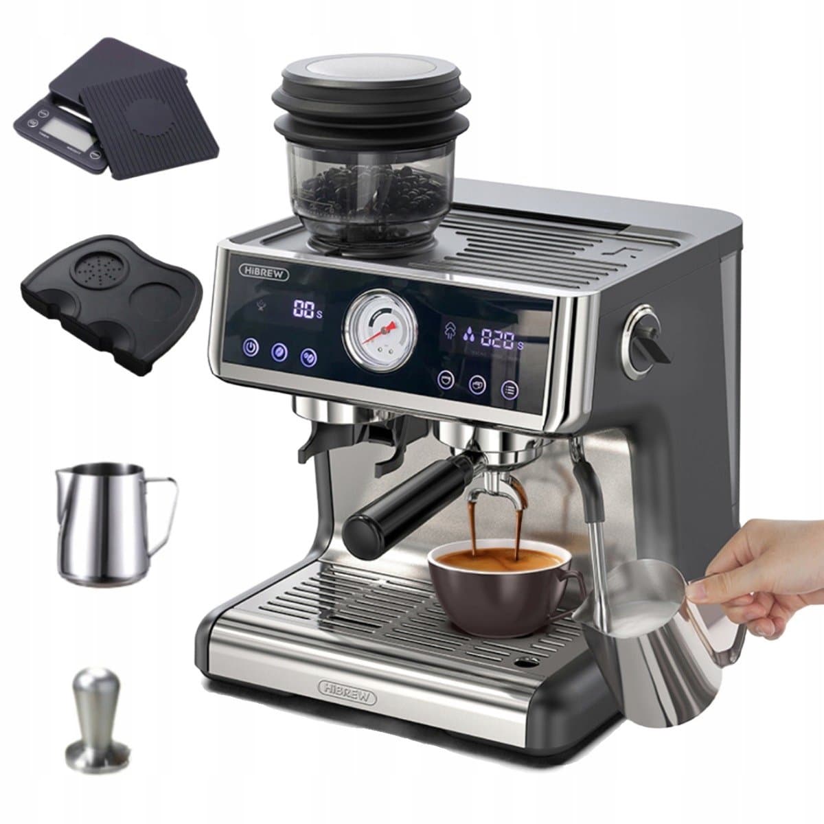 HiBREW H7A Barista Pro Espressomachine – 20 Bar – Dubbele Boiler – Ingebouwde Koffiemolen – LCD Touchscreen – Zilver — afbeelding 1