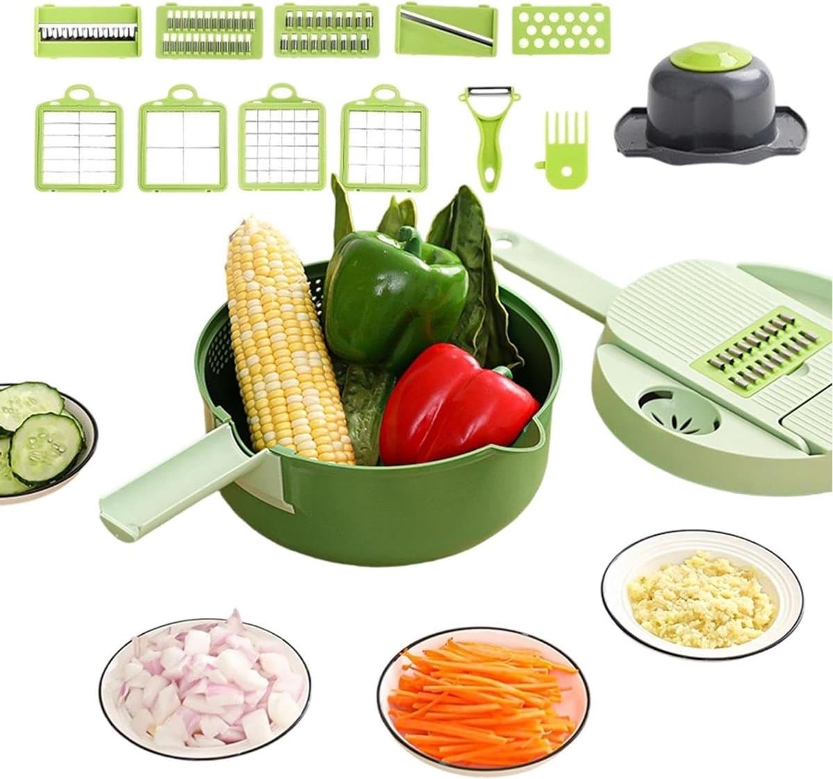 Groentesnijder 16-in-1 - Keukenmachine Hakmolen - Salades Bereiden - Multifunctioneel Snijsysteem - 20 x 20 x 13 cm - Grijs — afbeelding 1