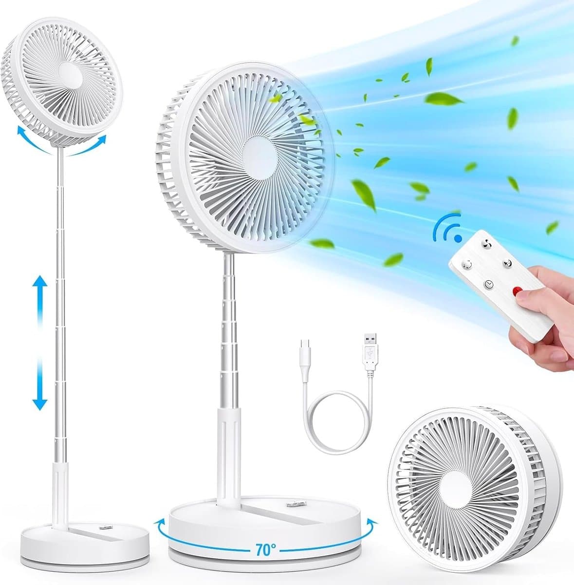 Tafelventilator Opvouwbaar met 8000mAh Accu – 4 Standen, Afstandsbediening, Timer en 70° Oscillatie — afbeelding 1