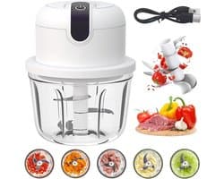 Mini-hakmolen met USB-aansluiting - Wit - 350 ml - Draadloze elektrische keukenhakmolen - Voor groenten, fruit en vlees