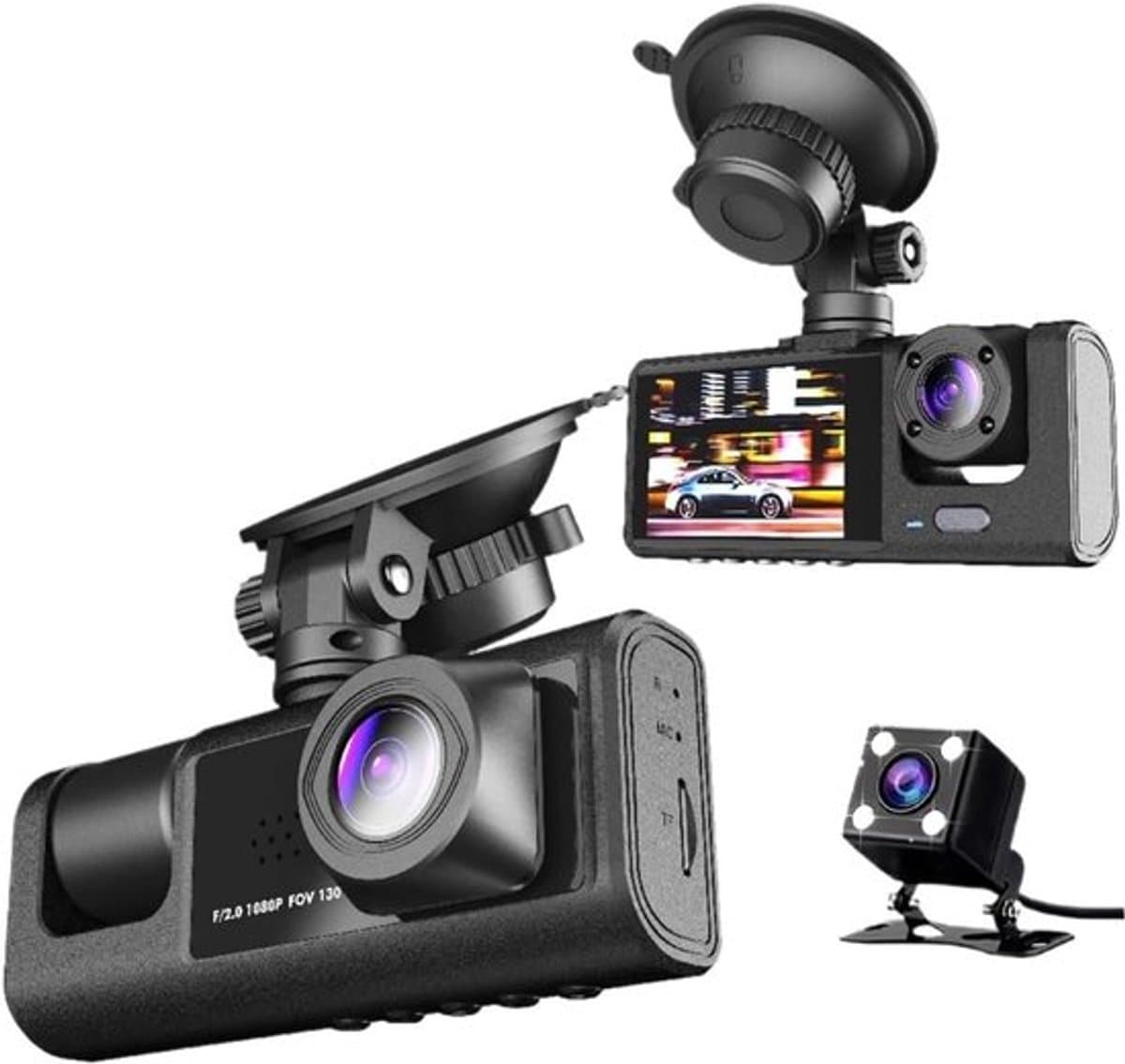 Dubbele dashcam voor in de auto, voor- en binnenkant, autobeveiligingsvideorecorder met audio, 1080P, voertuigcamera, plug-and-play, WDR, nachtzicht, automatische vergrendeling met G-sensor, 2 inch scherm(Met 16G geheugenkaart) — afbeelding 1