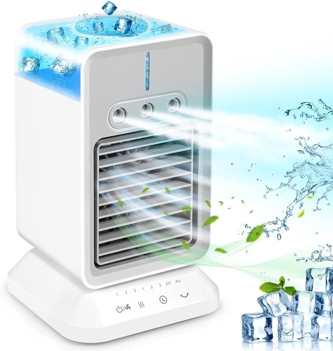 Draagbare airconditioner met ventilator, oplaadbare, draadloze verdampingskoeler, op batterijen werkende bureauventilator met handvat, 3 windsnelheden, geschikt voor kleine kamers, kantoren en studentenkamers, wit. — afbeelding 1