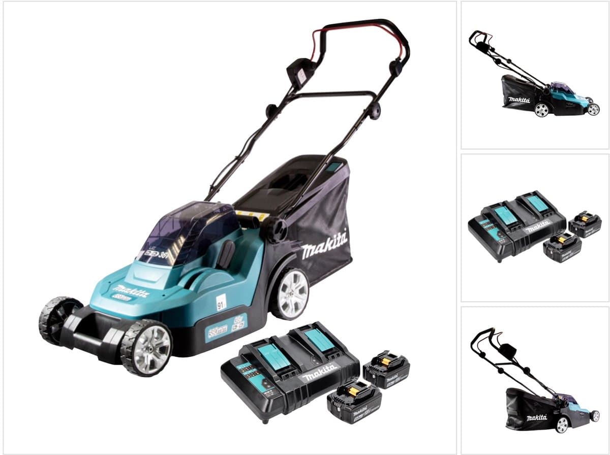 Makita DLM 382 CT2 accu grasmaaier 36 V ( 2x 18 V ) 38 cm 40 L + 2x accu 5.0 Ah + dubbele lader — afbeelding 1