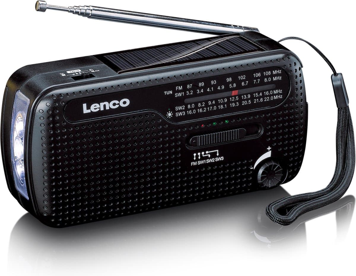 Lenco Noodradio - Draagbare opwindbare Radio - Radio op batterijen - Powerbank - Zaklamp - Noodpakket - MCR-113BK - Zwart — afbeelding 1