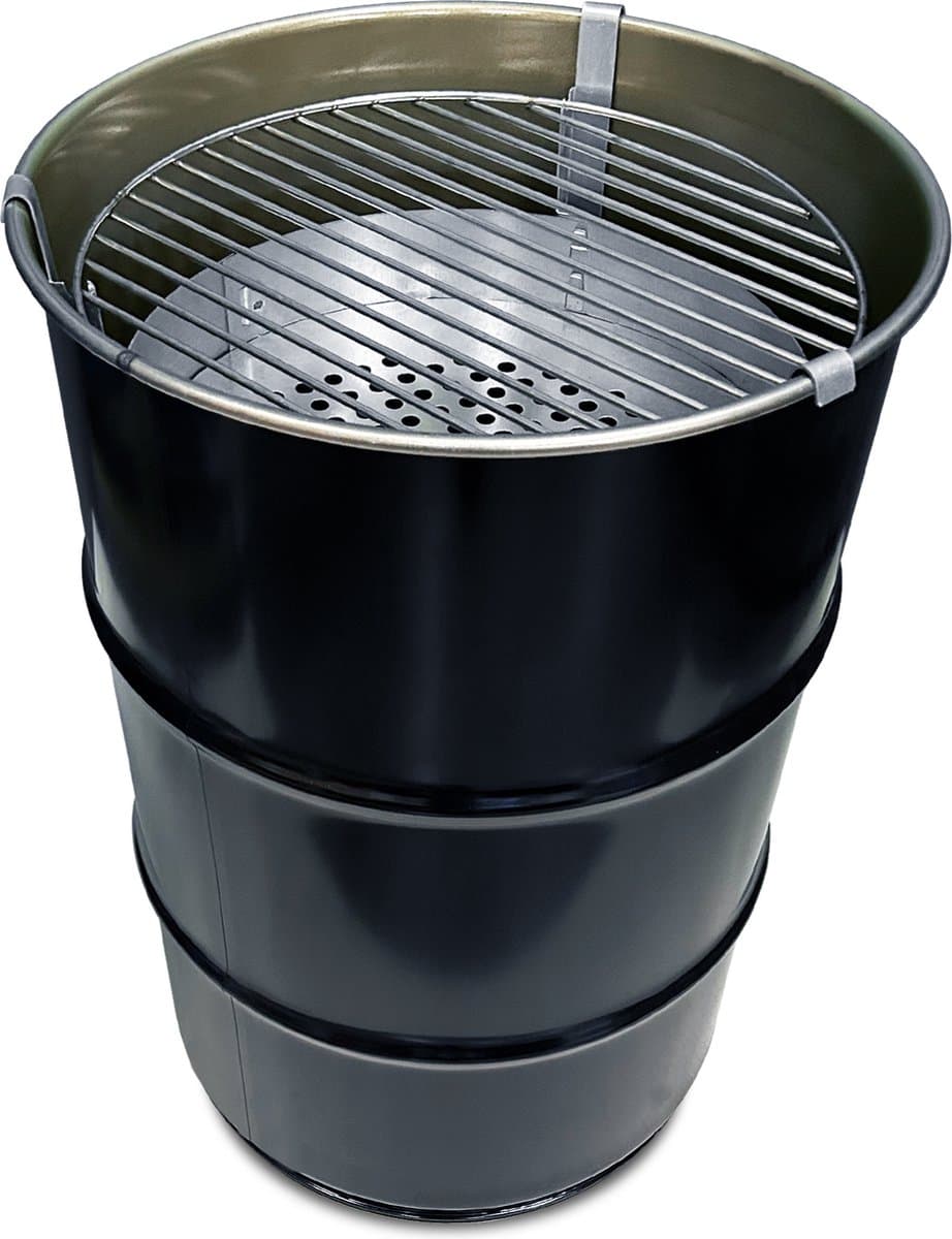 Barrelkings Small - Houtskoolbarbecue - Zwart Metaal - Ø40x58 cm - 60L Olievat - Vuurkorf & Bijzettafel in 1 - Industrieel Design — afbeelding 1