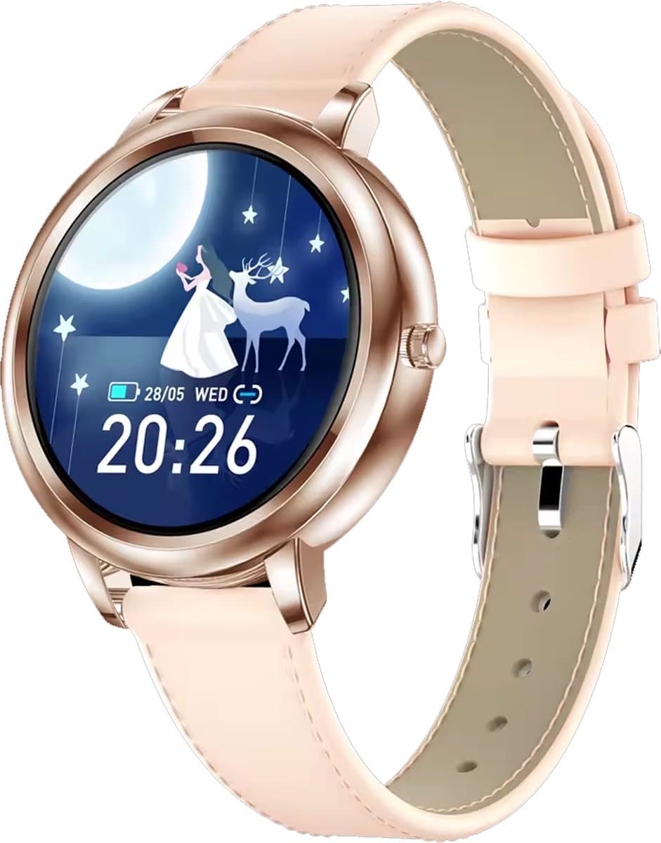 Darenci Smartwatch Classy Pro - Smartwatch dames - Smartwatch heren - Activity Tracker - Touchscreen - Lederen band - Dames - Heren - Horloge - Stappenteller - Bloeddrukmeter - Verbrande calorieën - Zuurstofmeter - Roségoud - Roze - Spatwaterdicht — afbeelding 1
