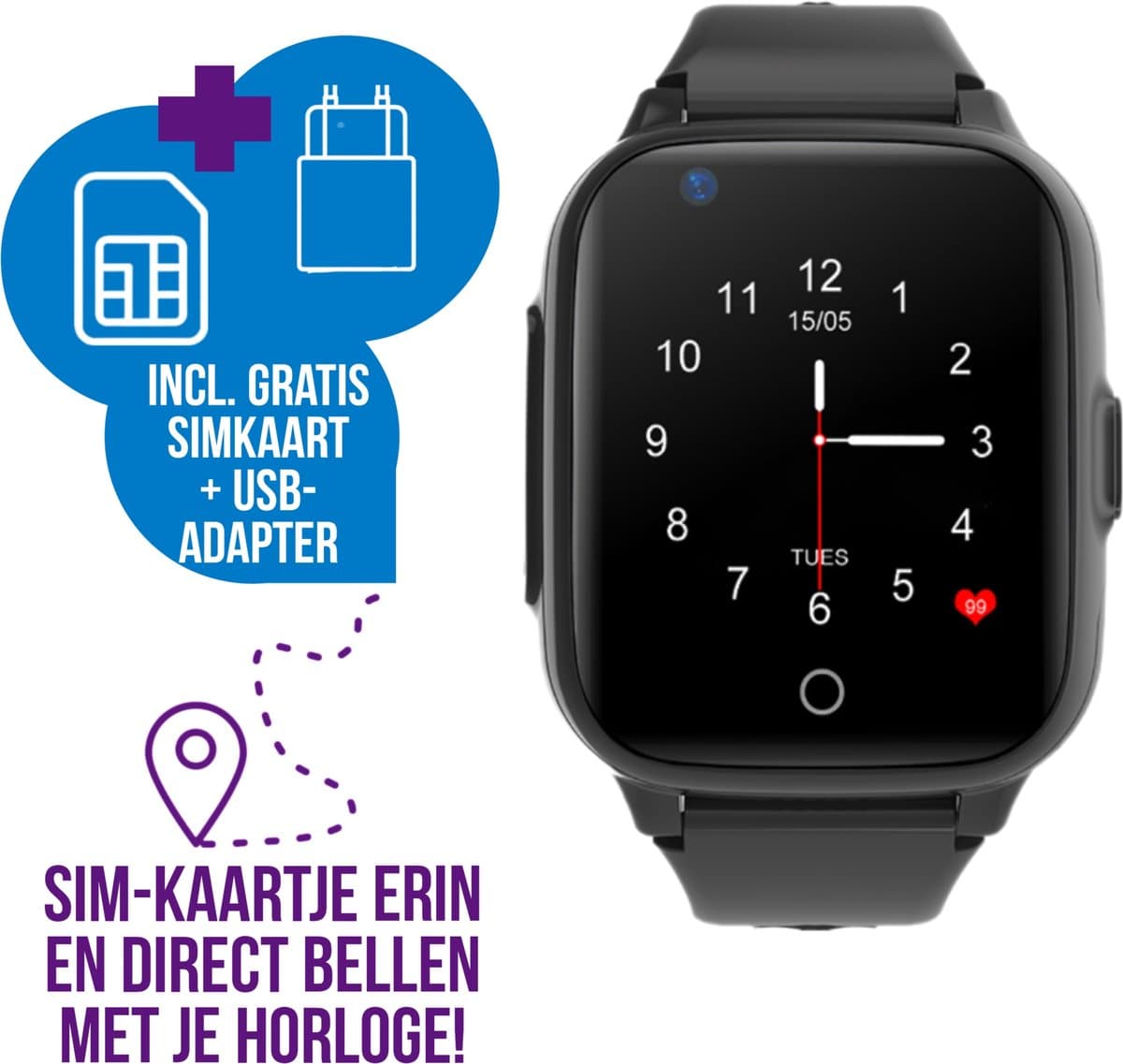 Wiesba WB36 - smartwatch kinderen - gps horloge kind - kinderhorloge bellen - gps tracker kinderhorloge - kinderhorloge met gps - kinderhorloge - Zwart — afbeelding 1