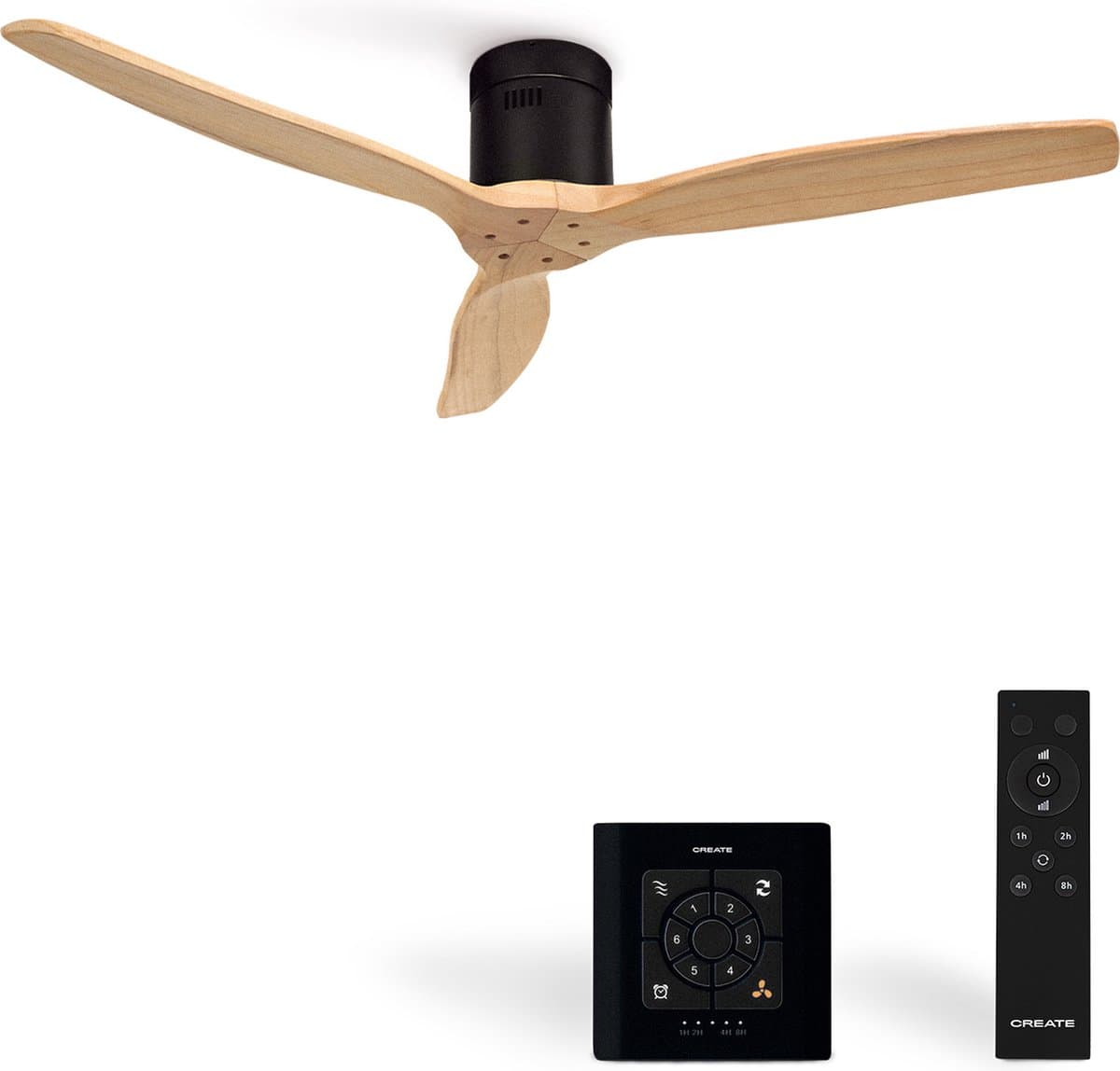 CREATE - Plafondventilator 40W silent Ø132 cm - Controller voor wandmontage - afstandsbediening - Zwart Naturel Hout- WIND CALM — afbeelding 1