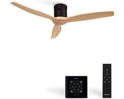 CREATE - Plafondventilator 40W silent Ø132 cm - Controller voor wandmontage - afstandsbediening - Zwart Naturel Hout- WIND CALM