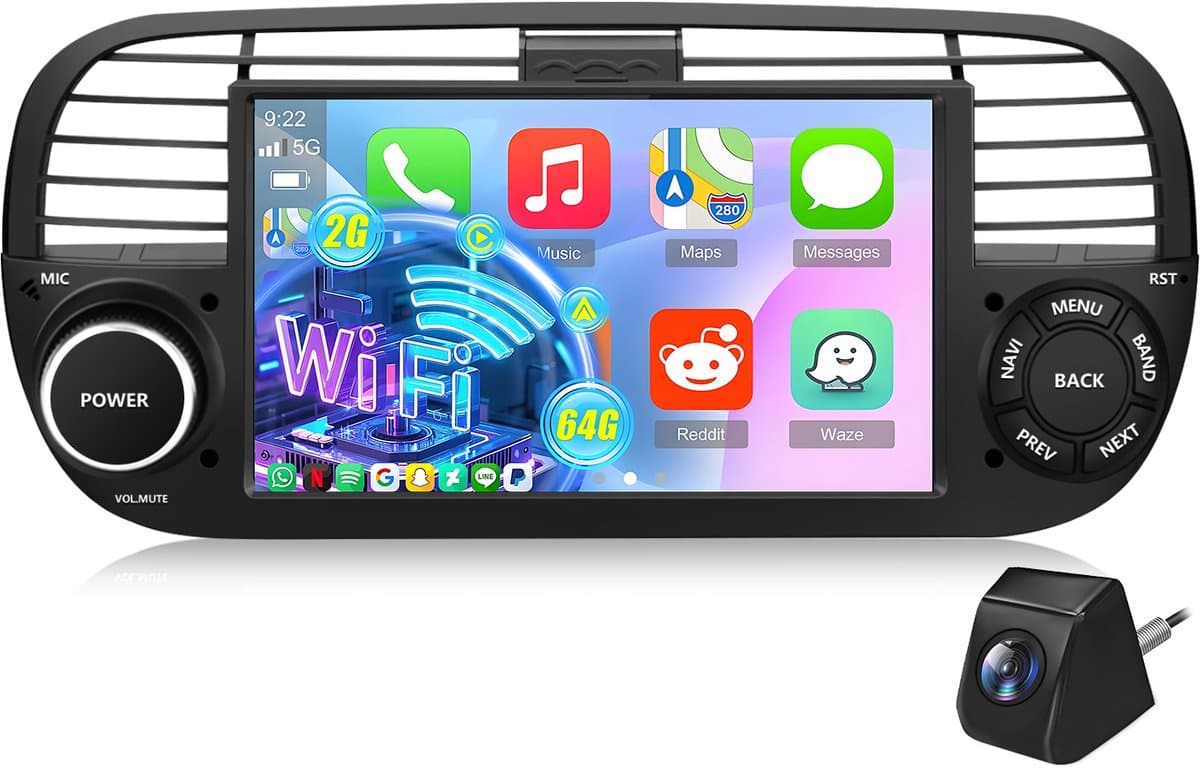 Cestovet Autoradio - Geschikt voor Fiat 500 2007 t/m 2015 - Apple CarPlay & Android Auto (Draadloos ) - Android 15 - 2+64GB - GPS, Wifi, Bluetooth, SWC - Achteruitrijcamera — afbeelding 1