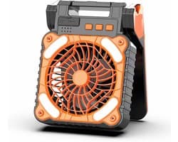 Op zonne-energie werkende campingventilator met ingebouwde oplaadbare batterij van 7800 mAh, dubbele stroomvoorziening, draagbare ventilator met timer en ledverlichting, geschikt voor thuis en buitenshuis, oranje.