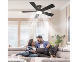 Plafondventilator Ø132 cm - 3 Temperaturen - Fluisterstil - Met Afstandsbediening - 6 Snelheden - Timer - Zomer/Winter functie - Zwart - 48W