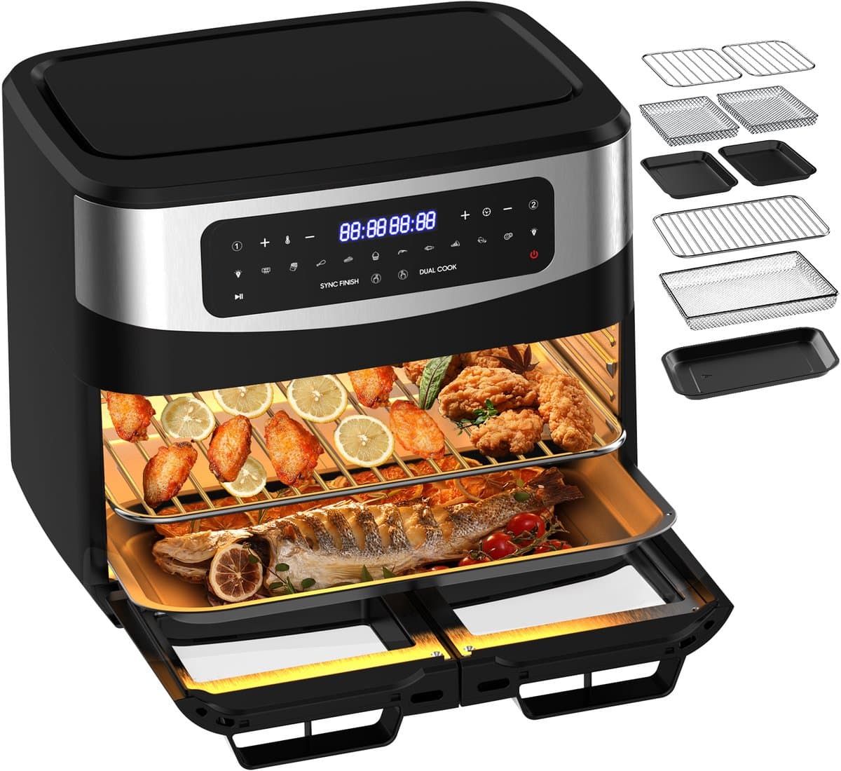 Airfryer - 12L Grote capaciteit – 2600W Multifunctionele Heteluchtfriteuse met Dubbele Zone Onafhankelijk Koken - Verwijderbare Tussenwand - Dubbel Gelijktijdig Koken - Met Kijkvenster - 10 Vooraf ingestelde Menu's - 50–200°C — afbeelding 1