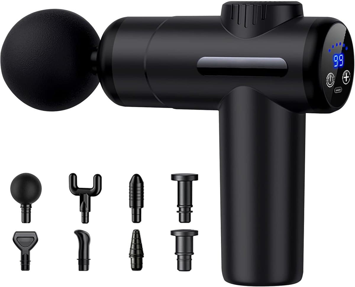 Mini-massagepistool - Zwart - Draagbaar - Met LCD-touchscreen en 8 massagekoppen - Voor Spieren en Ontspanning — afbeelding 1