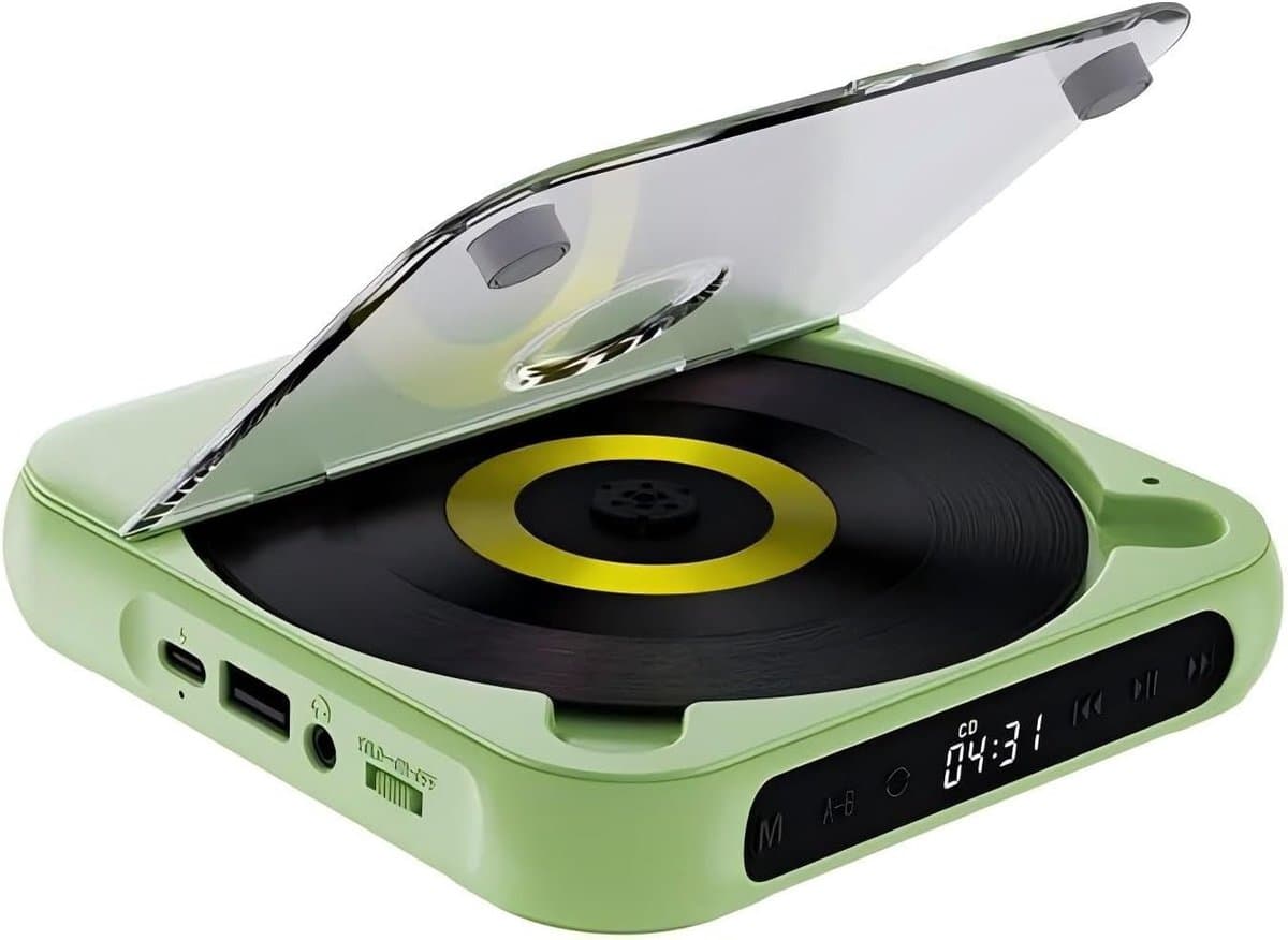 Draagbare cd-speler met Bluetooth –Draagbare Bluetooth-cd-speler met USB-C-snelladen – Ultradun en compact – Ondersteunt MP3/WMA-formaten – voor onderweg – thuis en op de camping - Groen — afbeelding 1