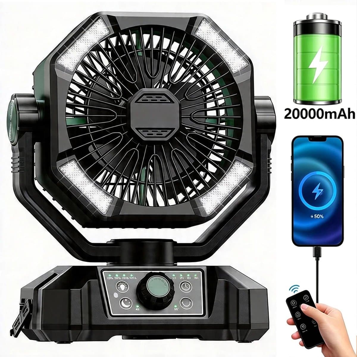 uJOY Ventilator - 8 instelbare ventilatorsnelheden - Automatische oscillatie - Powerbankfunctie - 4 LED-lampen - Kleur groen — afbeelding 1