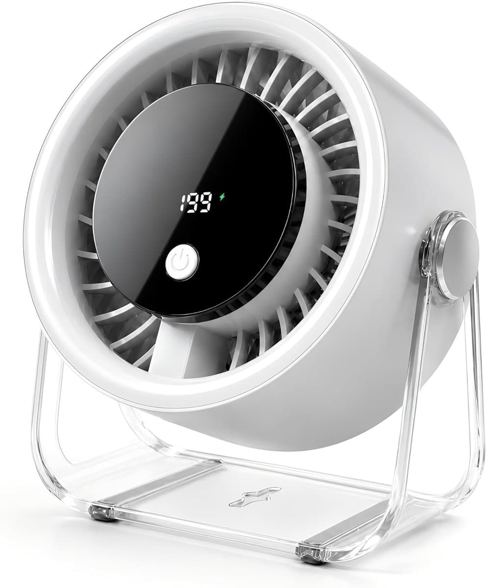 VHV-Draagbare Bureauventilator Wit - 199 Snelheden USB Tafelventilator met 4000mAh Accu - 360° Roterende Fan met LED Display - Stille Wandventilator voor Slaapkamer Kantoor en Thuis — afbeelding 1