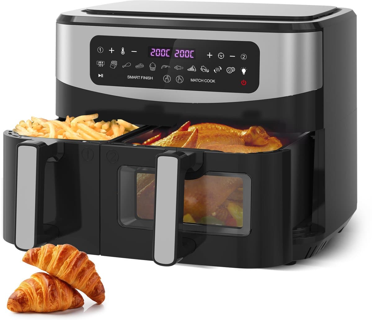 10L Heteluchtfriteuse met Dubbele Mand 6L+4L, Kijkvenster Airfryer, Micro-Stoomfunctie, 12 Programma’s, LED-Touchscreen, 50-230°C, 2600W, Olievrij, Zwart — afbeelding 1