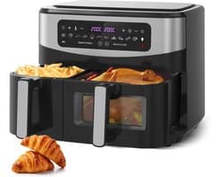 10L Heteluchtfriteuse met Dubbele Mand 6L+4L, Kijkvenster Airfryer, Micro-Stoomfunctie, 12 Programma’s, LED-Touchscreen, 50-230°C, 2600W, Olievrij, Zwart