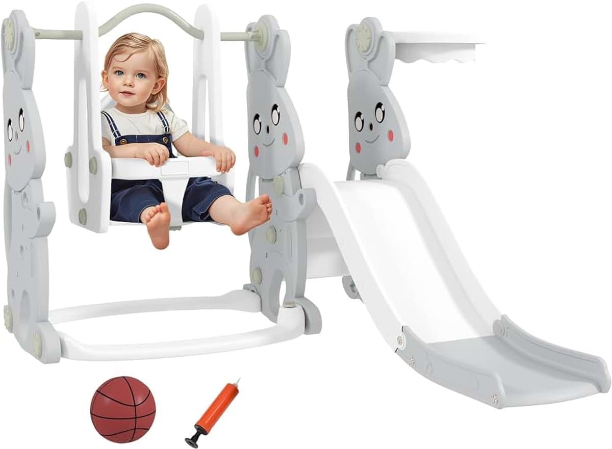Rutsche 4-in-1 Kinderrutsche mit Schaukel, Klettergerüst, Basketballkorb, Kinder Spielplatz mit Hasendesign Kleinkinderrutsche für Indoor und Outdoor Kinder von 1,5-4 Jahren Grau — afbeelding 1
