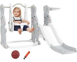 Rutsche 4-in-1 Kinderrutsche mit Schaukel, Klettergerüst, Basketballkorb, Kinder Spielplatz mit Hasendesign Kleinkinderrutsche für Indoor und Outdoor Kinder von 1,5-4 Jahren Grau