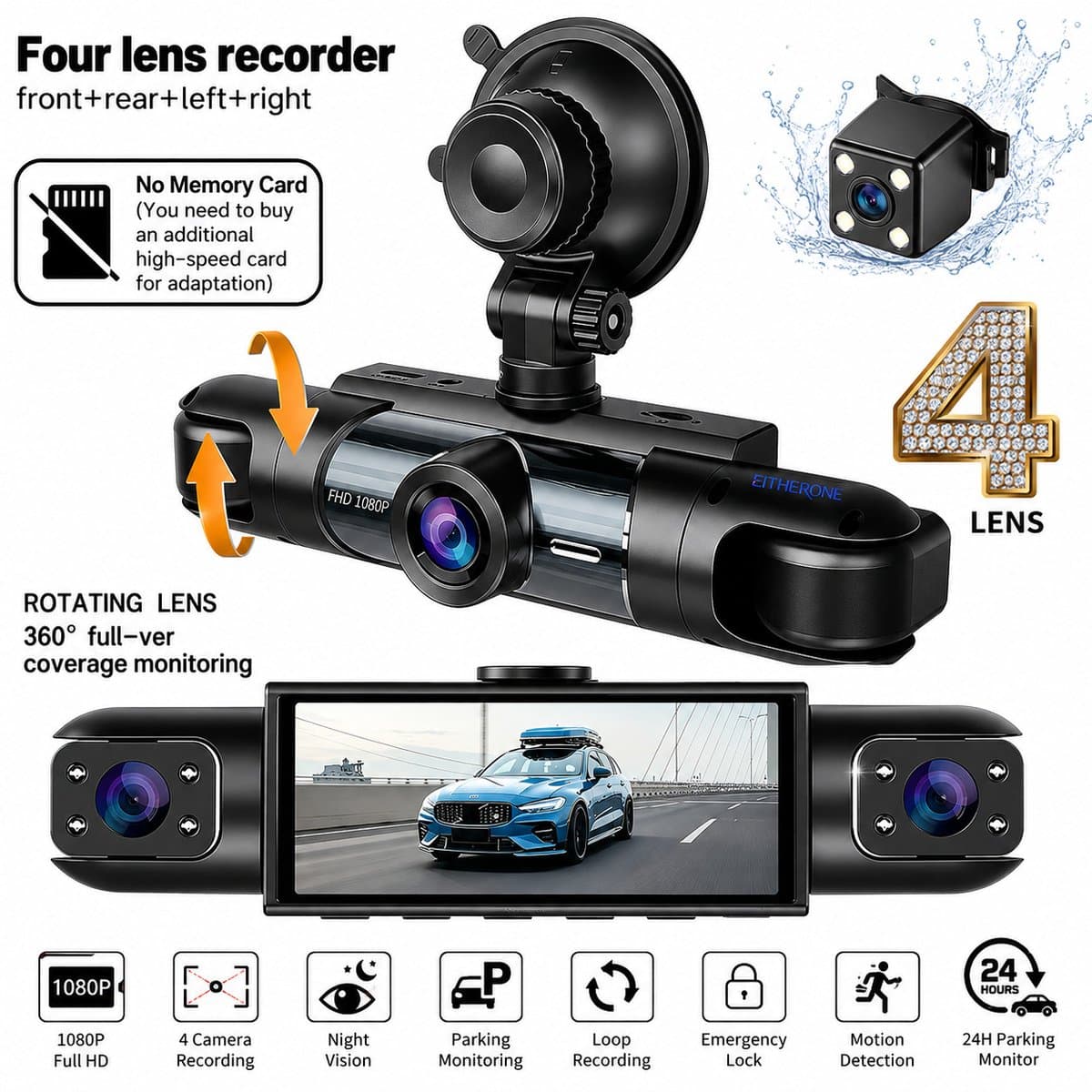 4-Camera Dashcam – 1080P Full HD Voorcamera & 720P Achter-, Linker- en Rechtercamera — afbeelding 1