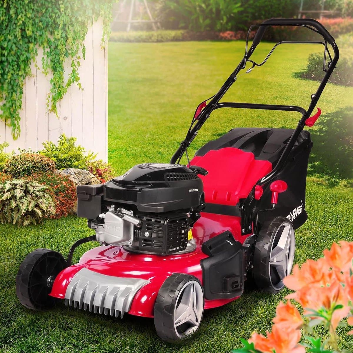 Benzine grasmaaier - Aangedreven maaier - Gazon onderhoud - 4-in-1 functie - 46 cm maaibreedte - Metaal — afbeelding 1