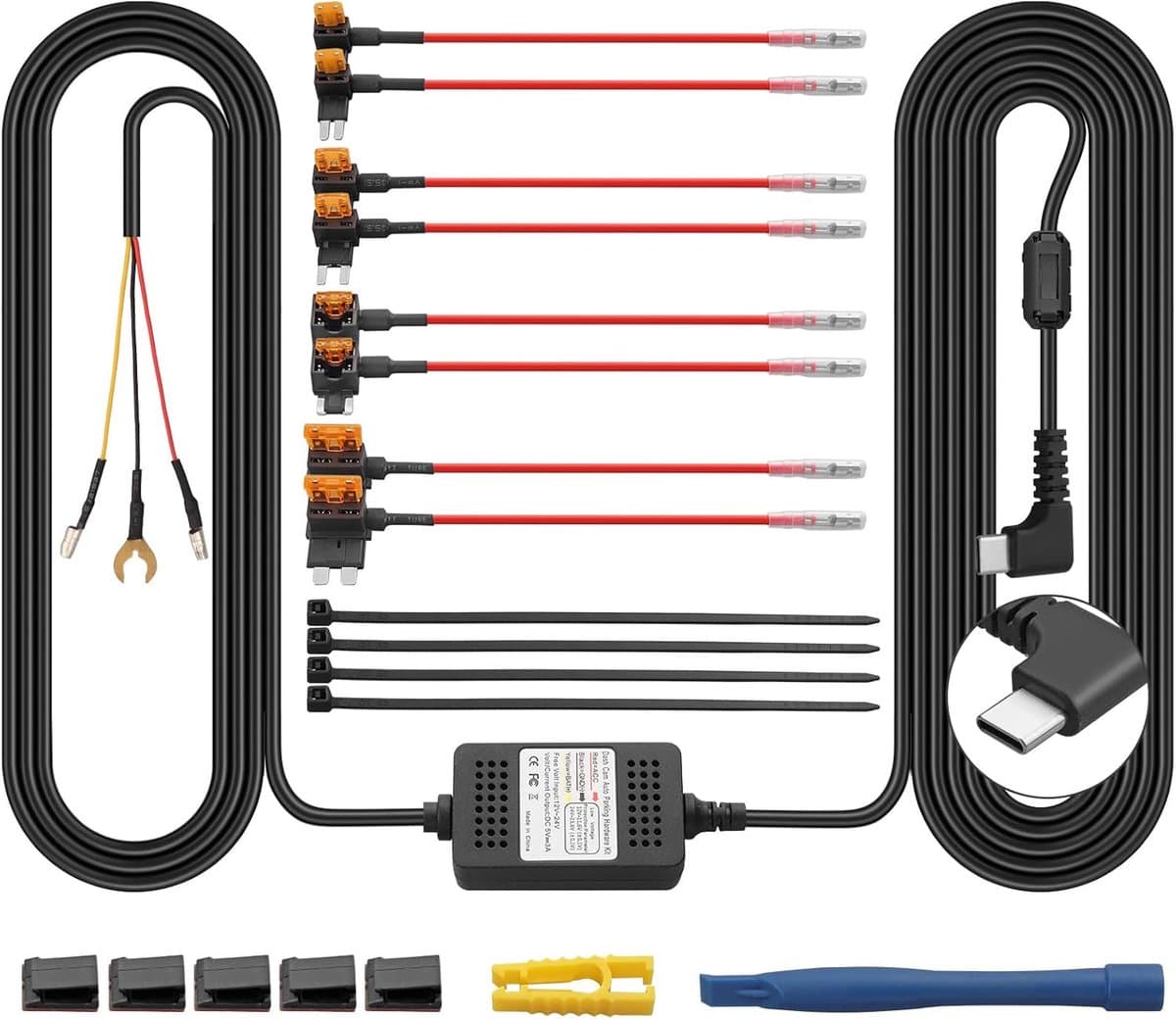 SnelShoppen - AMTOVL Dash Cam Hardwire Kit Type C - USB Dash Cam 3 Wires Kit met ACC Fuses, 12V/24V naar 5V, Laagspanningsbescherming voor Voertuigen — afbeelding 1
