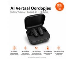 AI TWS Translator Pro Draadloze Vertaal Oordopjes - Real-Time AI Vertaling via TransKit App - Bluetooth 5.4 - HD Noise Reduction - 360° Stereo - USB-C - Zwart