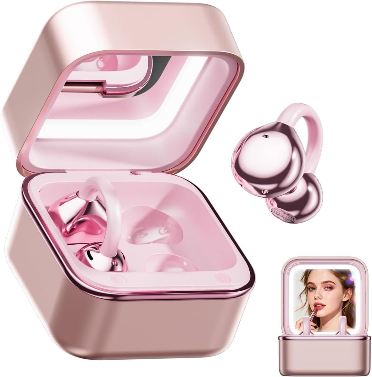 Clip-On Oordopjes Open Ear Koptelefoon Draadloos Bluetooth 6.0 met Make-up Spiegel LED Licht, 48U Speeltijd, IPX6 Waterbestendig, Comfortabel voor de Hele Dag, Ideaal voor Vrouwen, Sport, Workouts (Roségoud) — afbeelding 1