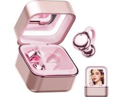 Clip-On Oordopjes Open Ear Koptelefoon Draadloos Bluetooth 6.0 met Make-up Spiegel LED Licht, 48U Speeltijd, IPX6 Waterbestendig, Comfortabel voor de Hele Dag, Ideaal voor Vrouwen, Sport, Workouts (Roségoud)