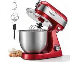 VEVOR Elektrische Staande Mixer 5L 1000W Deegmachine voor Koekjesdeeg en Crème, Deegkneedmachine met 10 Snelheidsinstellingen, SUS304 Mengkom, Kantelbare Kop, Spatbescherming en Antislipvoetjes, Rood