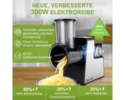 Elektrische Kaasrasp - Keukenapparaat - Snel Ingrediënten Snijden - 7 RVS Bladen - 30cm Hoog - Zwart