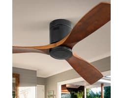 52 inch platte plafondventilator (DC) met 3 kunstig bewerkte houten bladen, een geruisloze motor met omkeerbare draairichting en afstandsbediening, zonder verlichting