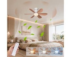 MUPOO Houtlook Plafondventilator met verlichting E27 - 3 Kleurstanden - Dimbaar & Plug & Play - Stil & Geheugenfunctie- Ventilator lamp Voor Slaapkamer & garage