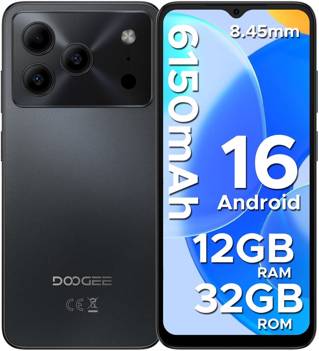 DOOGEE Note 56 Lite - Dual SIM Smartphone - Android 16 -12 GB RAM + 32 GB ROM / 2 TB TF - UNISOC SC9863A - 6150 mAh - 8,5 mm ultraslank - 6,56 inch HD+ - 8 MP + 5 MP - Face ID -Zwart — afbeelding 1