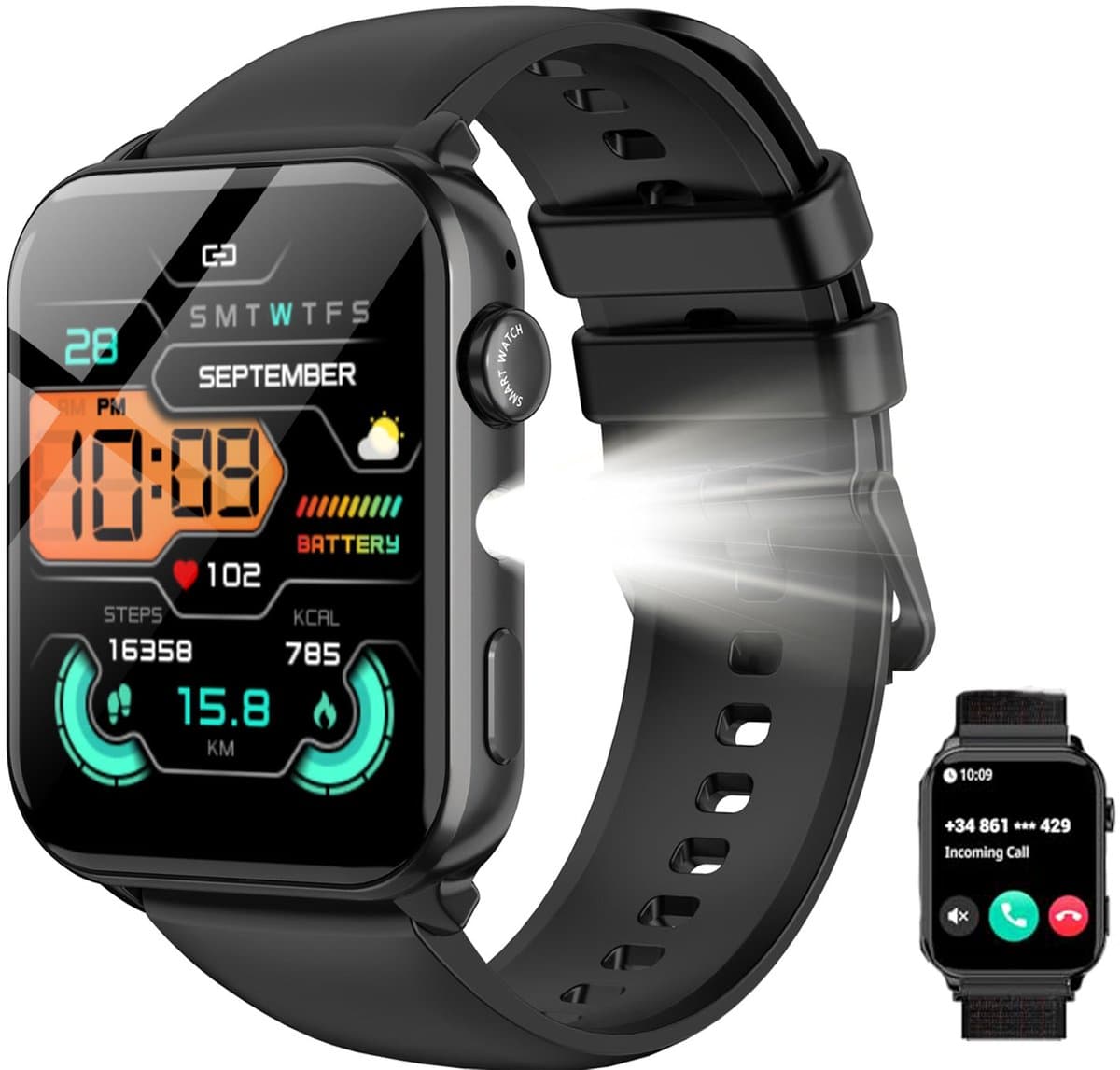 Blackview Smartwatch voor dames en heren - R30MAX Activity Tracker- LED Zaklamp -1,91-inch HD-fitnesstracker met Bluetooth-belfunctie - 24/7 hartslag- en slaapmonitor - Watch Geschikt voor Android en iOS - Zwart — afbeelding 1
