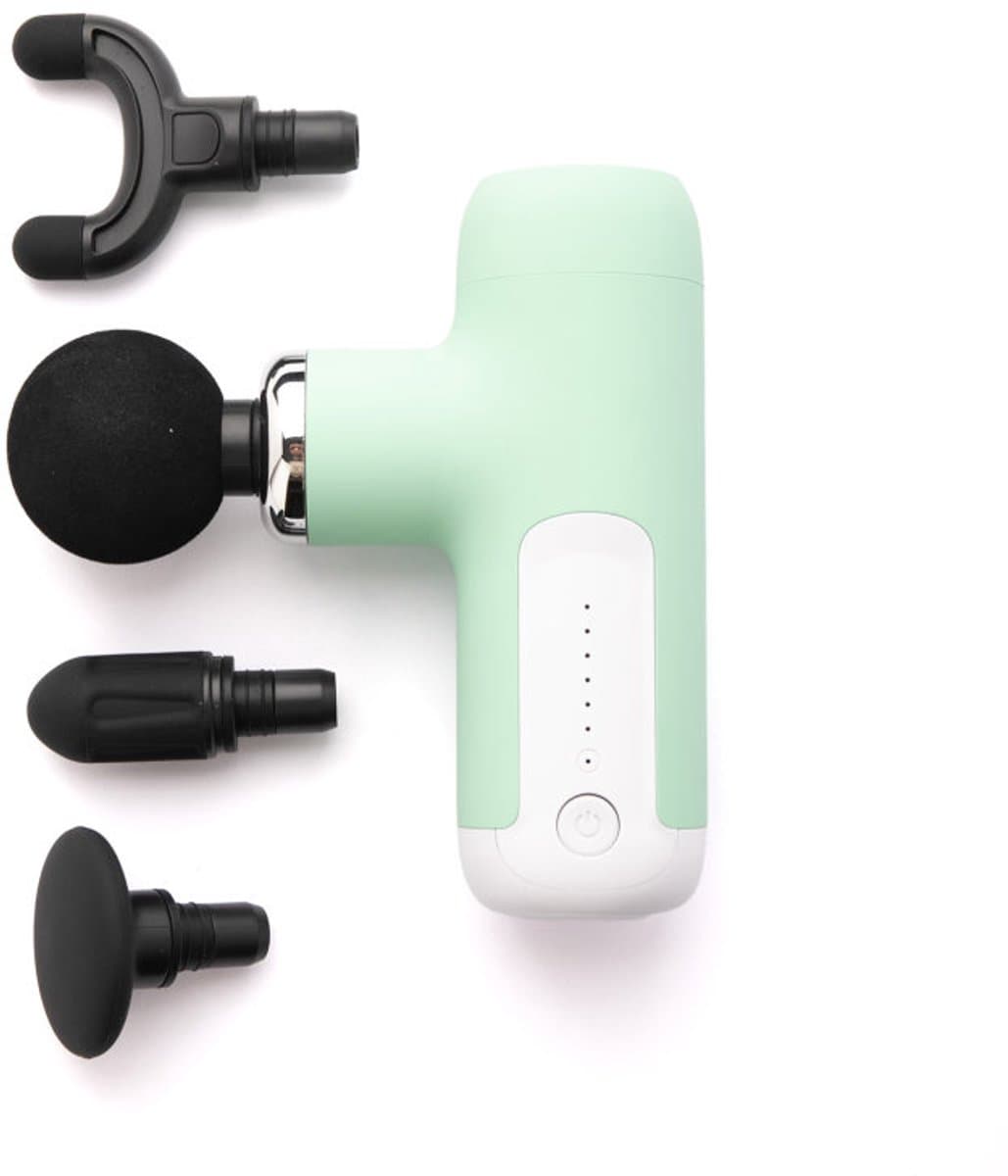 Mini massagepistool met 4 massagekoppen - draagbare diepweefselmassager, oplaadbaar via USB-C-interface - groen. — afbeelding 1
